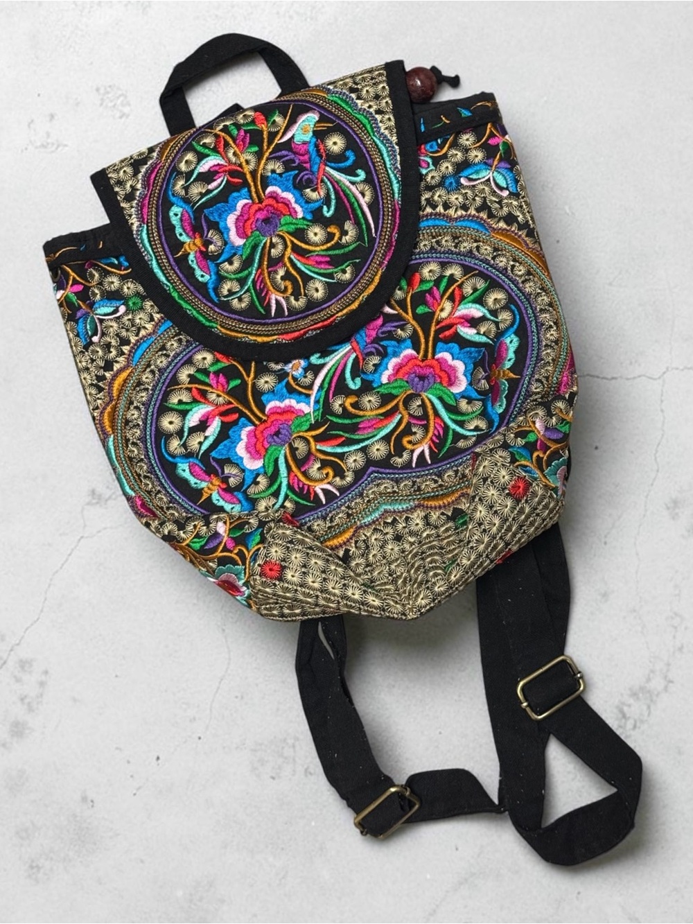Indian Boho Gypsy Western Embroidered Canvas Mini Backpack Adjustable Straps Flo